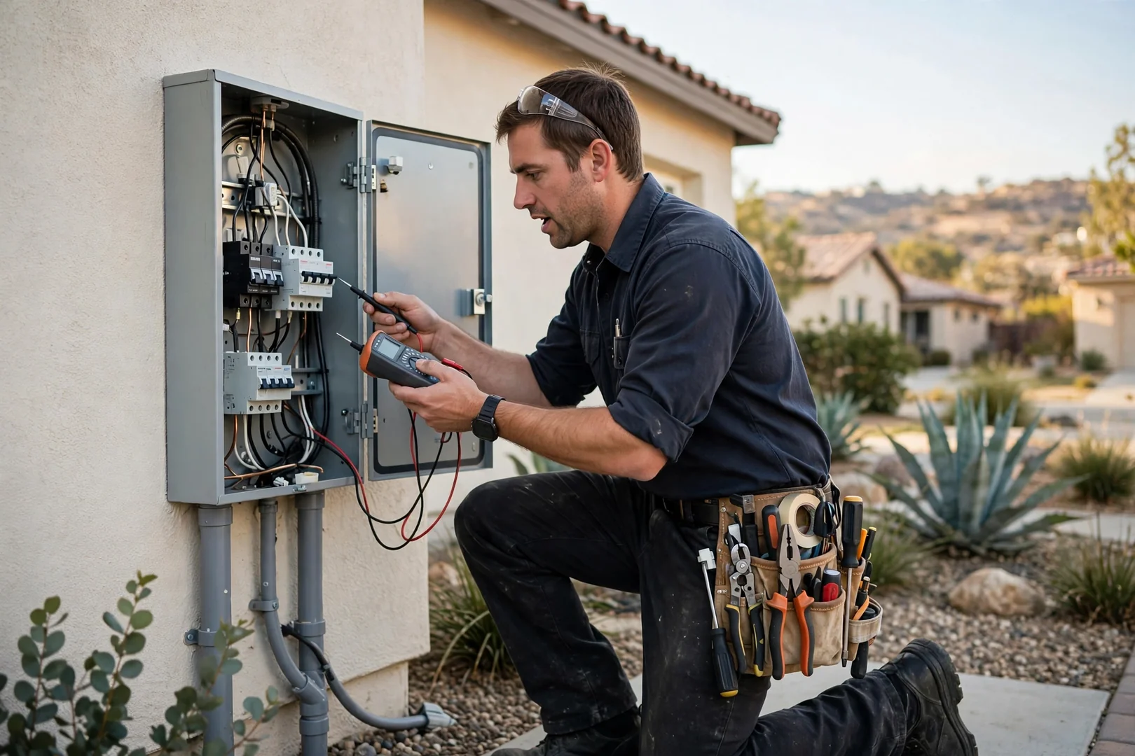 Electrician inspecting a scorched breaker panel during an emergency call in Corona