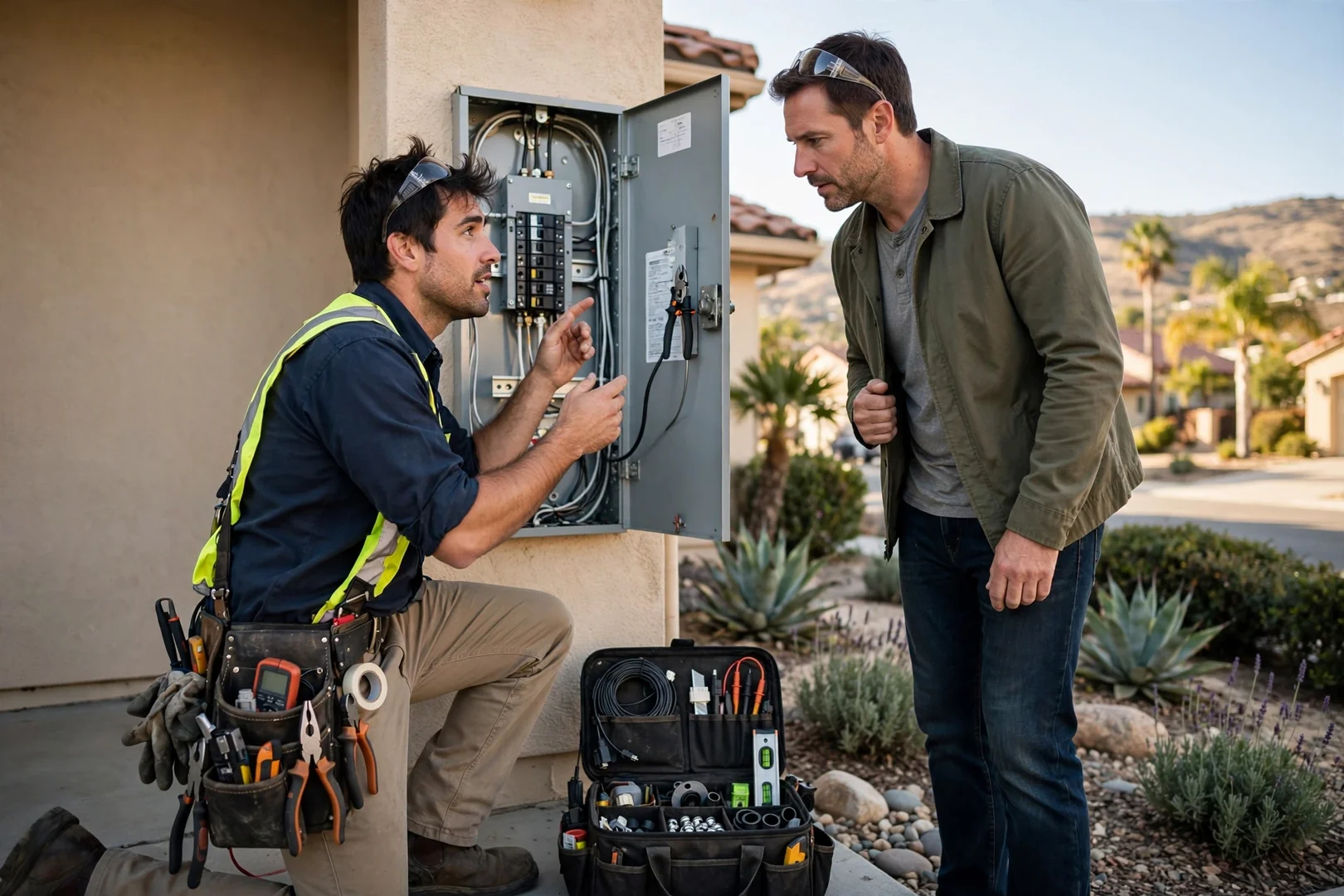 Electrician reviewing panel capacity and written estimate for a Corona EV charger installation