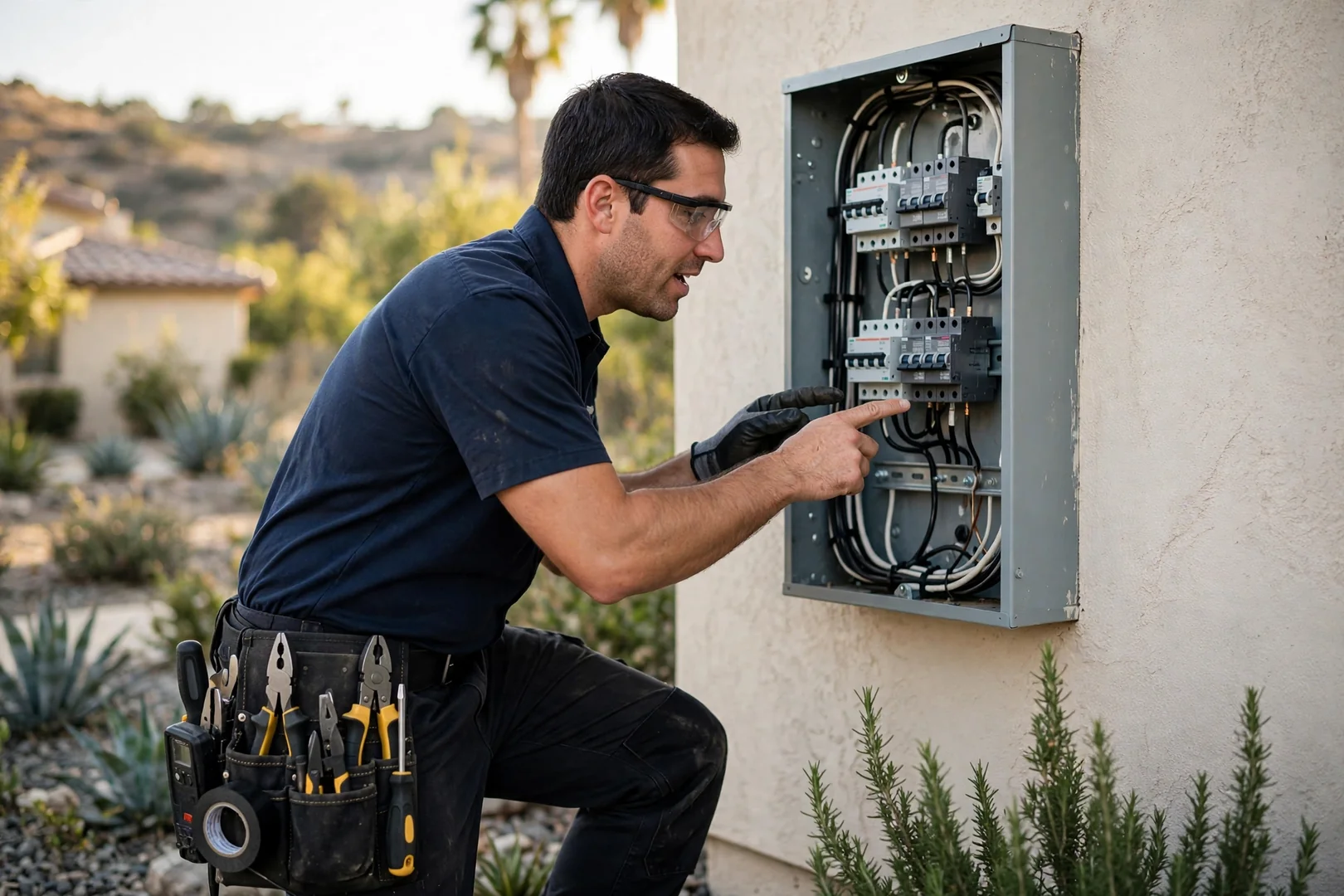 Homeowner plugging in an electric vehicle at a finished driveway charger