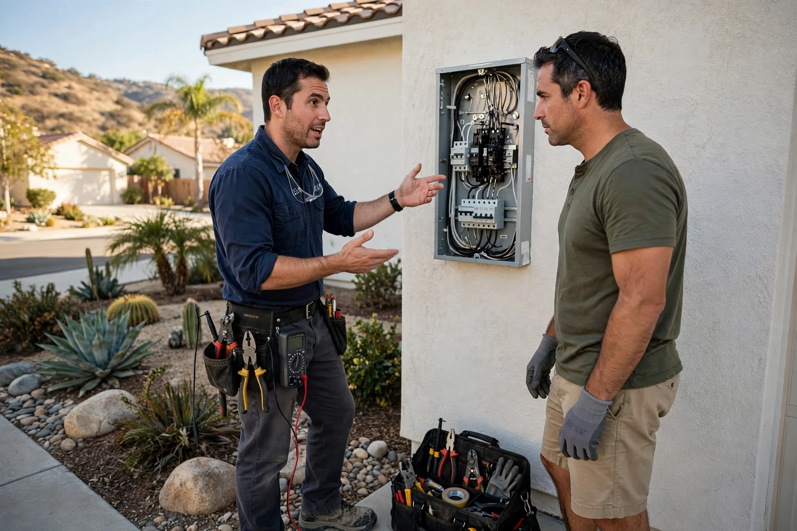 Electrician mounting a Level 2 EV charger on a Corona home garage wall