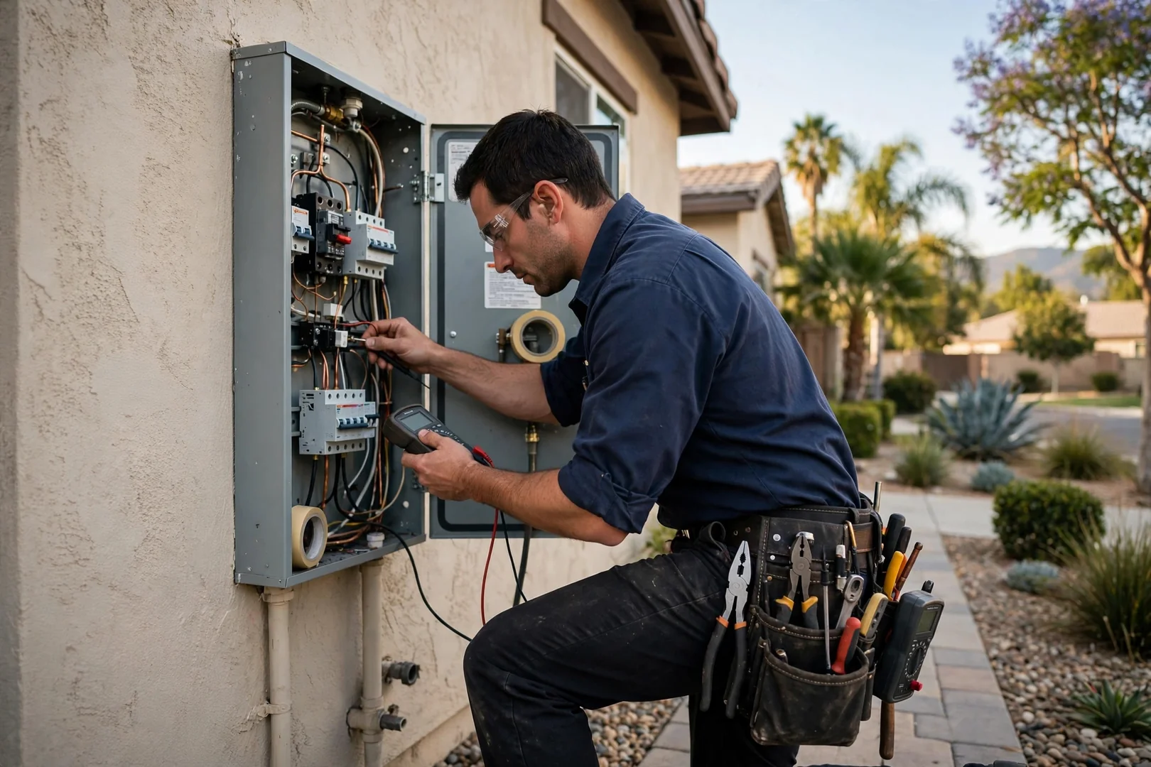 Electrician mounting a Level 2 EV charger on a Corona garage wall