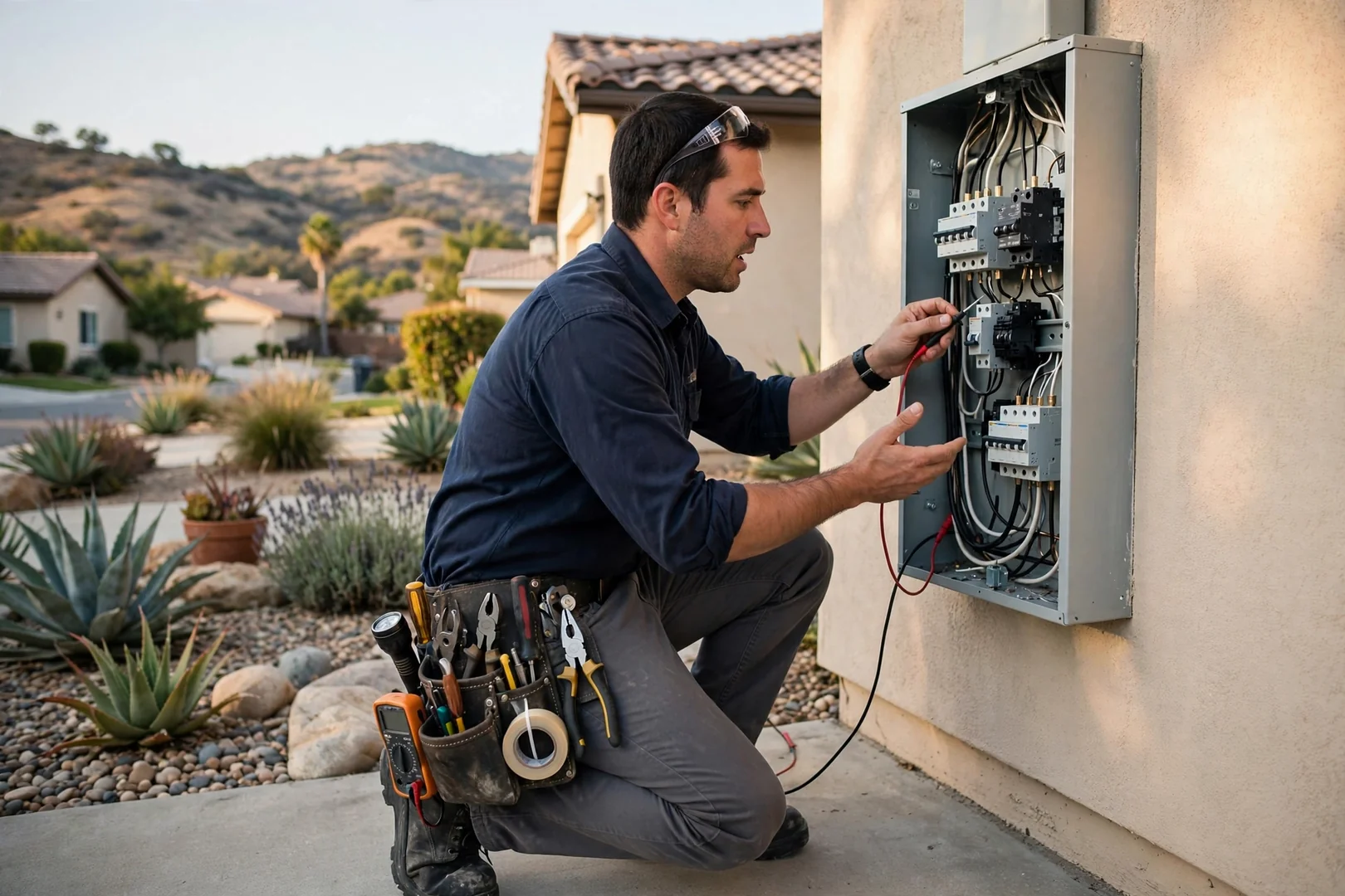 Technician reviewing generator installation estimate with homeowner beside outdoor standby unit in Corona
