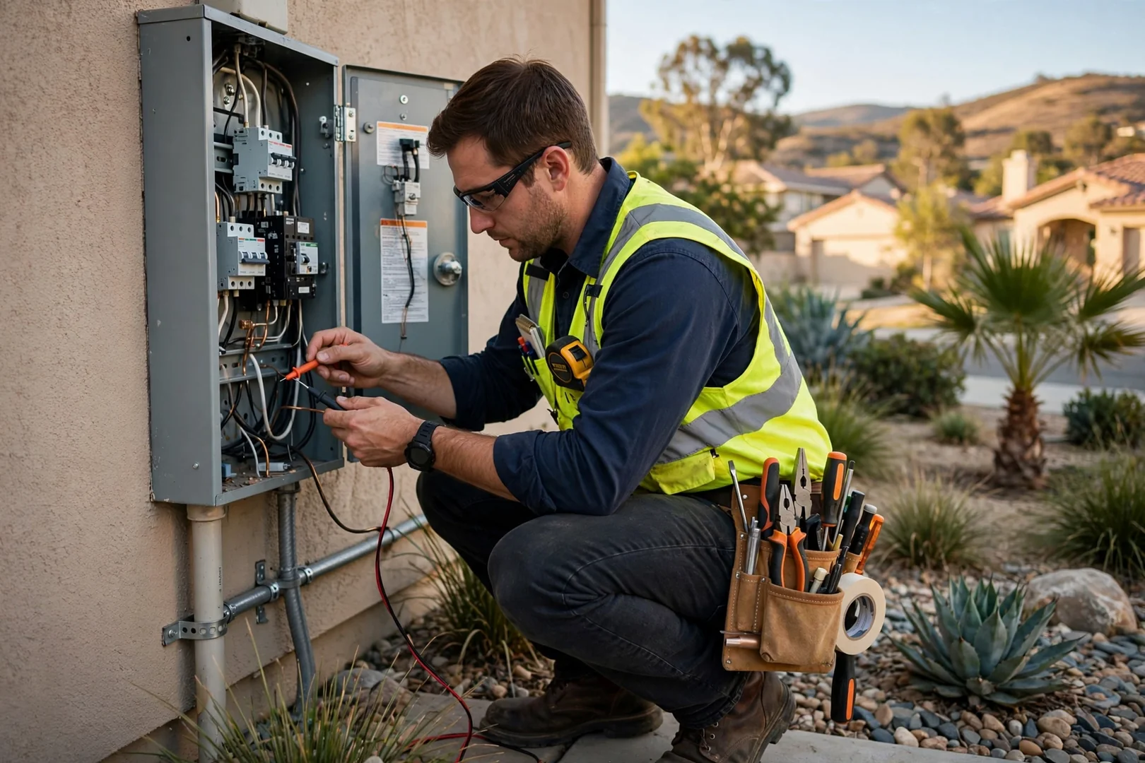Technician testing standby generator controls during a scheduled startup check