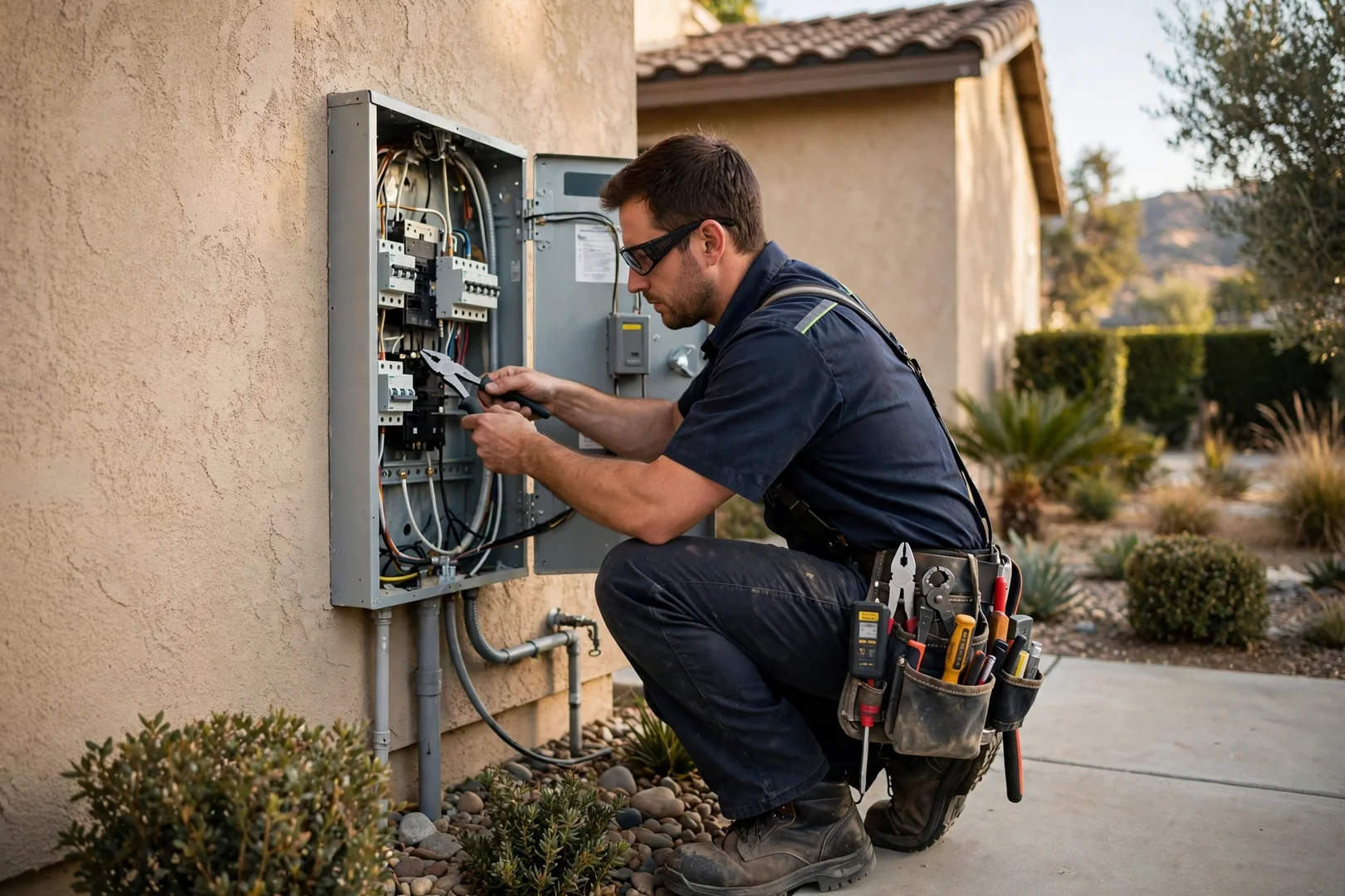Electrician reviewing standby generator placement beside a well kept Corona home exterior