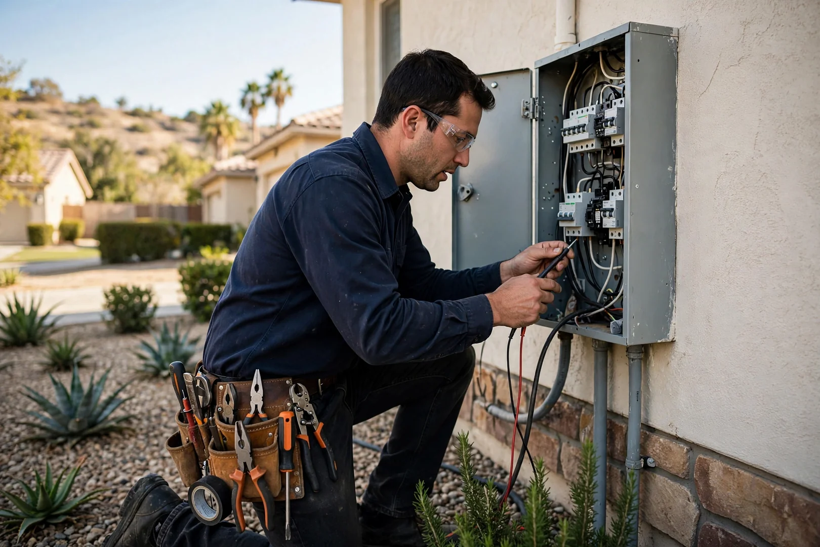 Electrician wiring a standby generator transfer switch beside a Corona home exterior