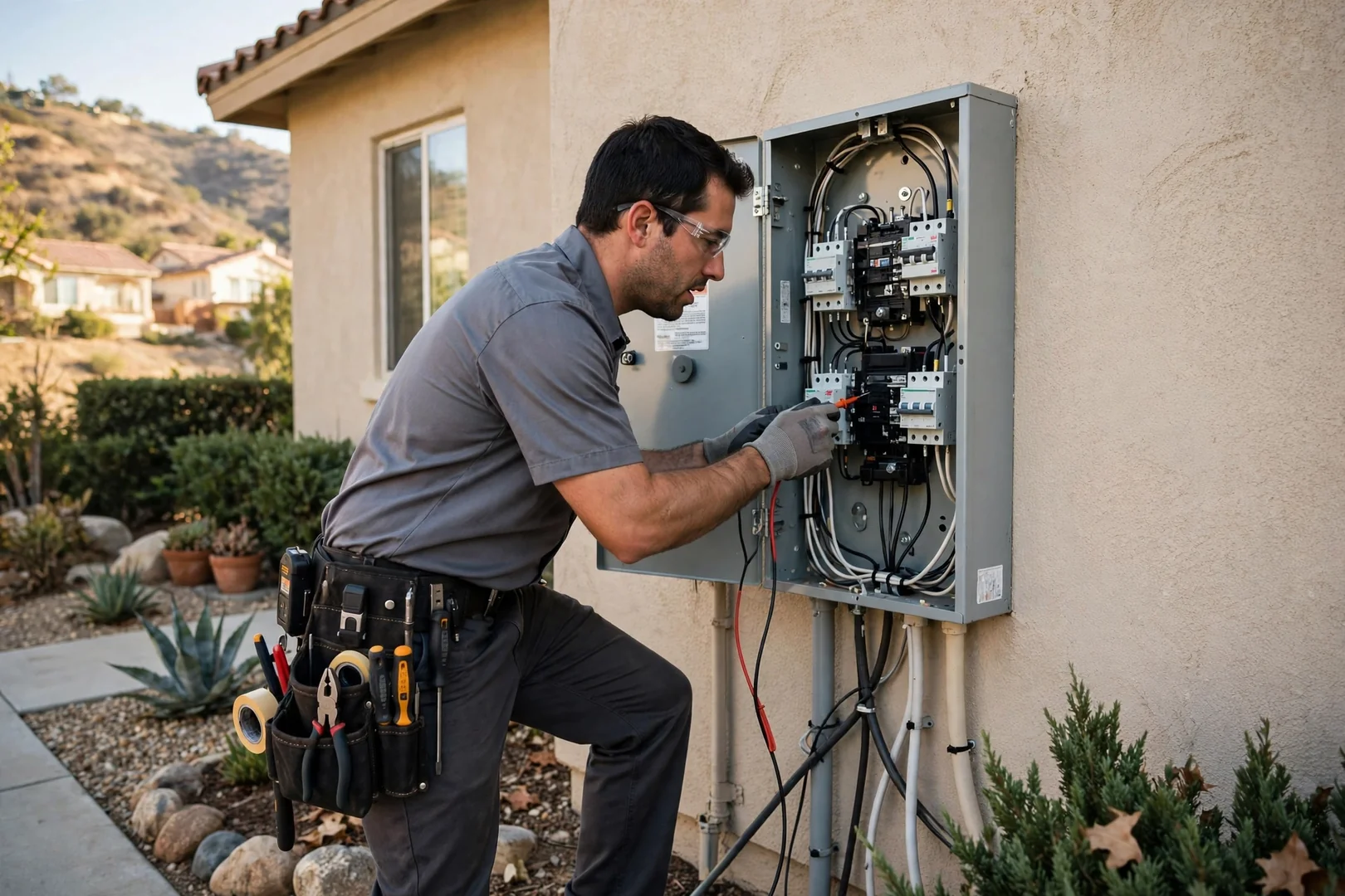 Standby generator installed on a level pad beside a Corona home exterior