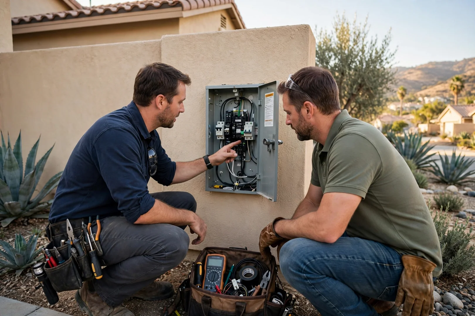 Technician testing a newly installed GFCI receptacle with a plug-in circuit tester indoors