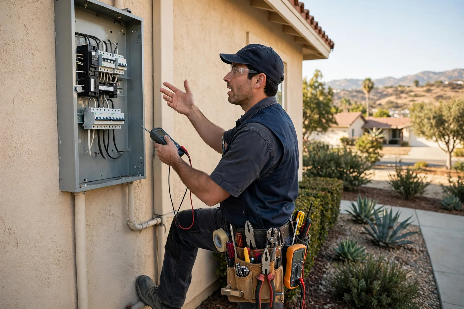 Electrician testing a newly installed GFCI outlet in a Corona home kitchen