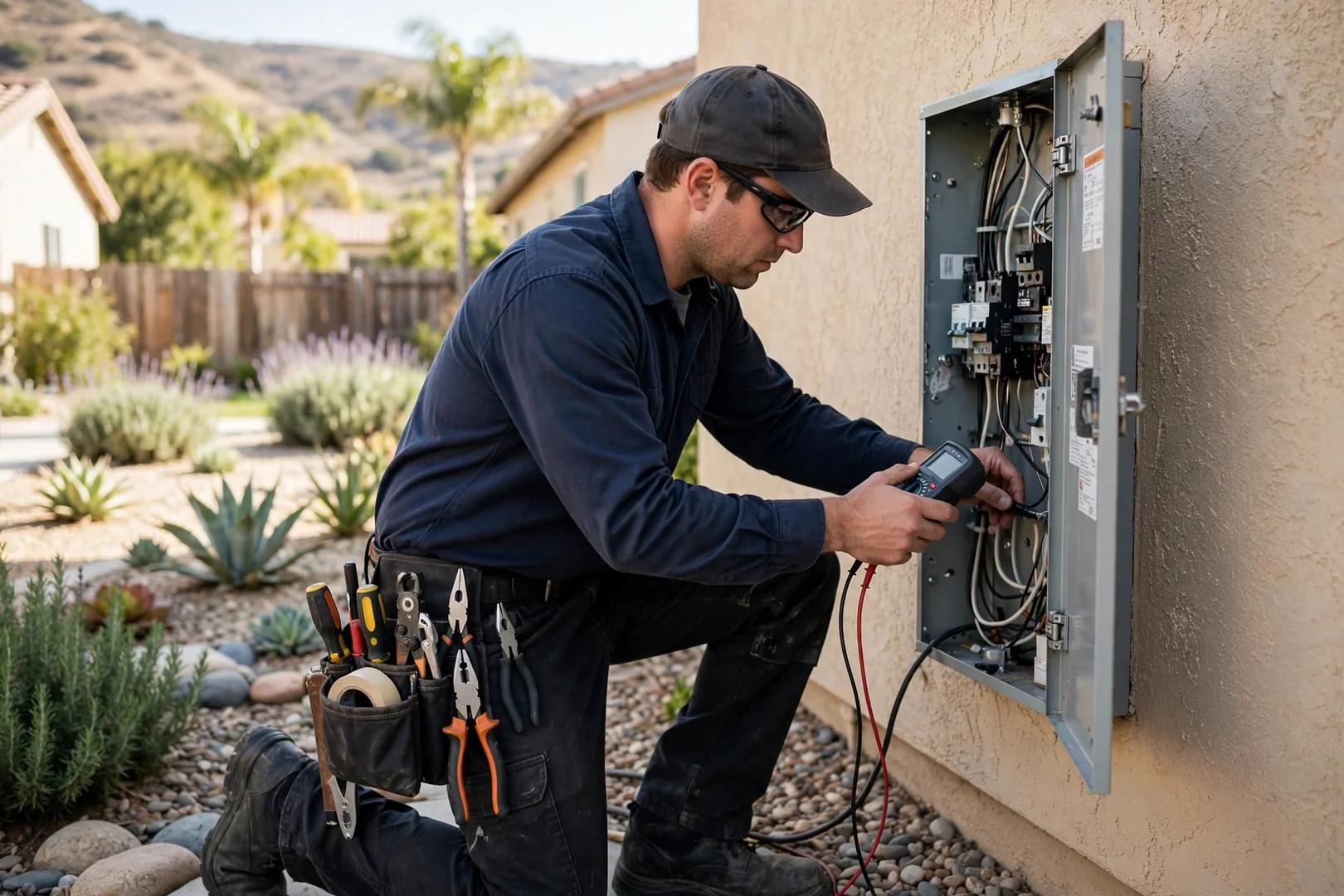 Weather-resistant GFCI outlet mounted on an exterior patio wall