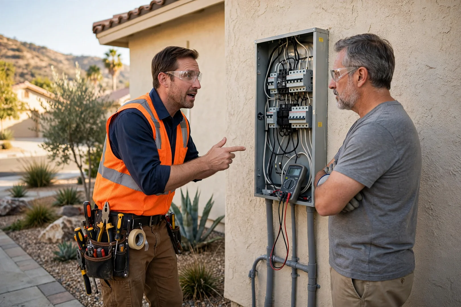 Electrician wiring a GFCI receptacle in a Corona home kitchen outlet box