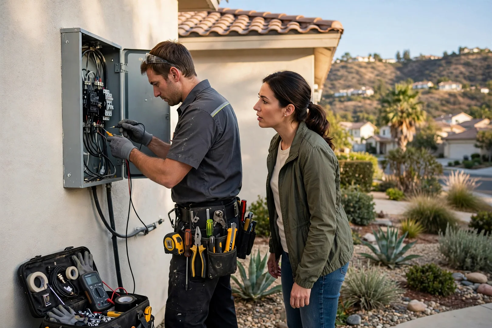 Electrician reviewing a written house rewiring estimate with a homeowner beside an open panel