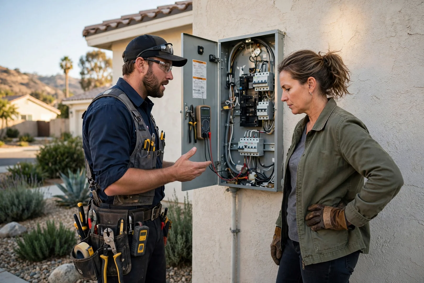 Electrician reviewing house rewiring plans with homeowner inside a Corona residence