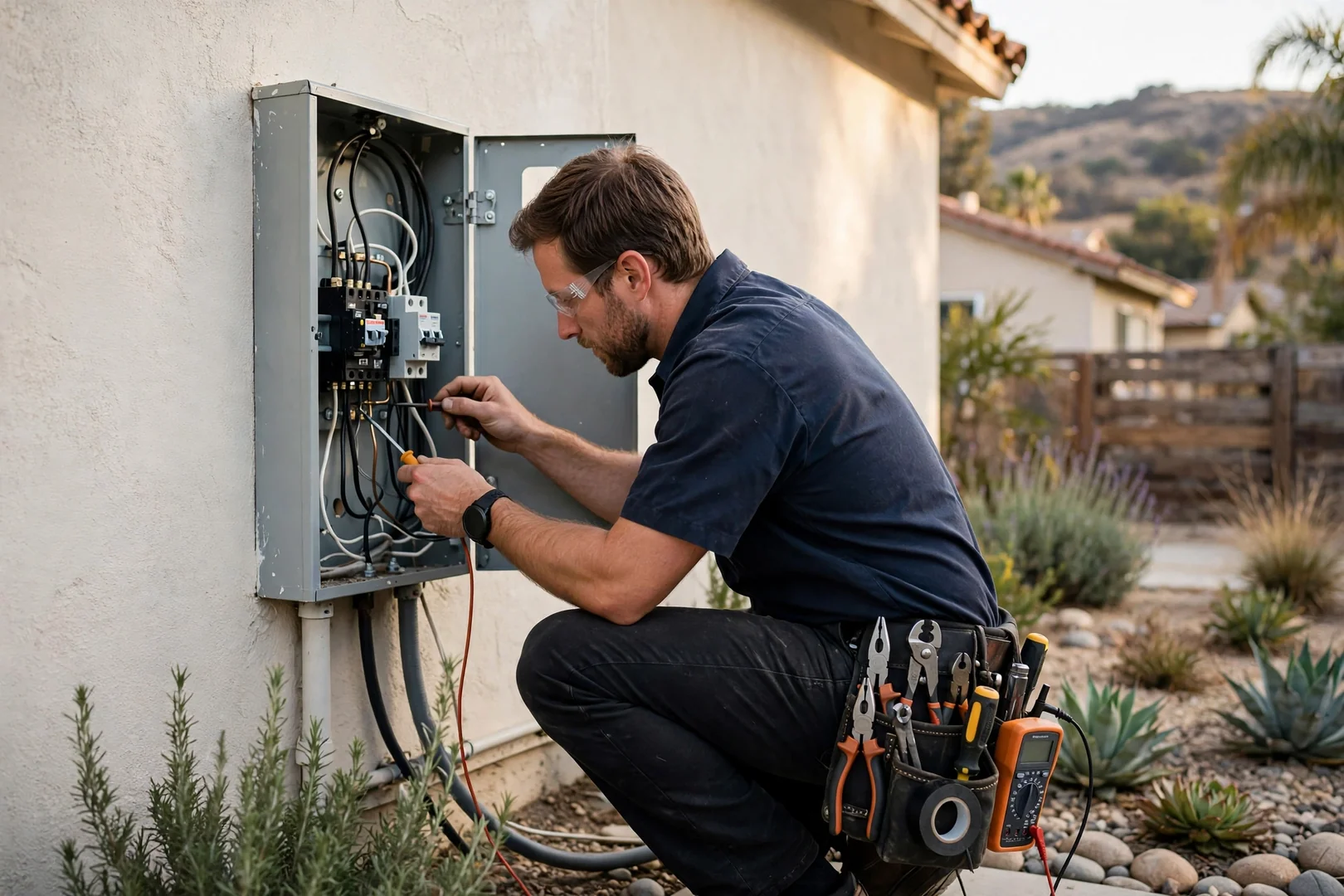 Technician reviewing a written lighting estimate with a Corona homeowner