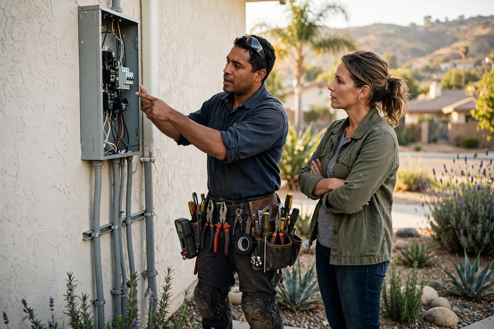 Technician reviewing panel capacity and outlet placement while preparing a written estimate in Corona
