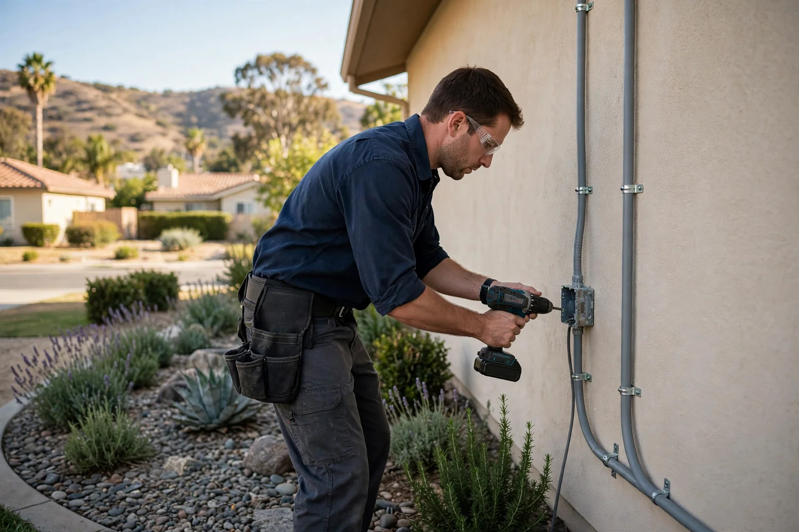 Technician testing receptacle polarity and ground with a circuit tester