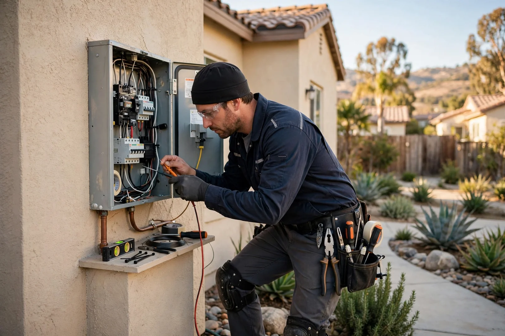 Electrician mounting a new wall receptacle box during outlet installation in a Corona home