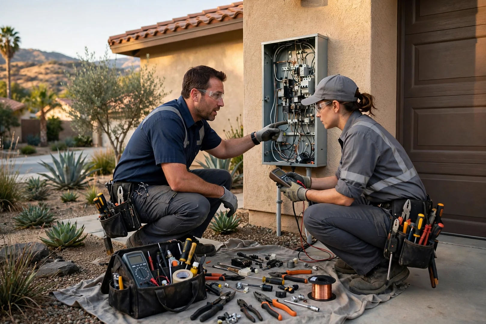 Electrician installing grounded outlet in Corona home