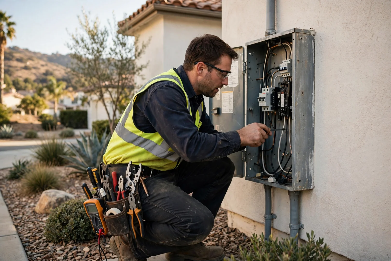 Technician reviewing panel details and preparing a written surge protection estimate for a Corona homeowner