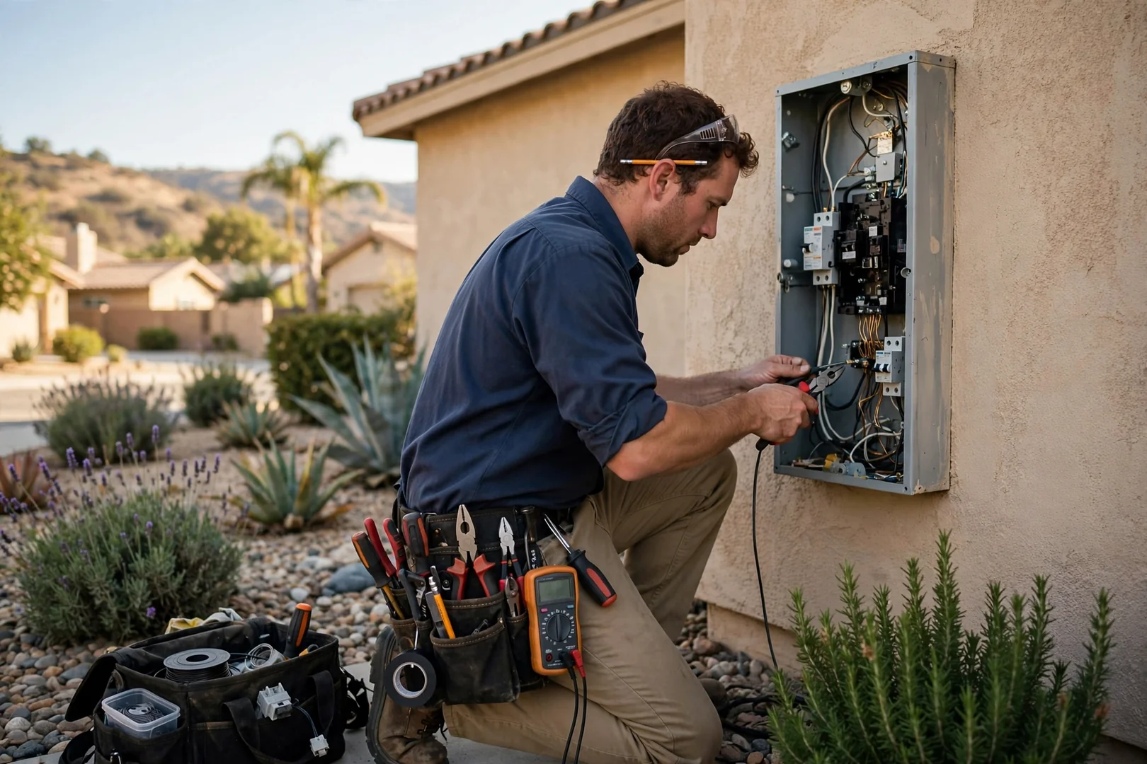 Electrician mounting a whole-home surge protective device beside a residential panel in Corona