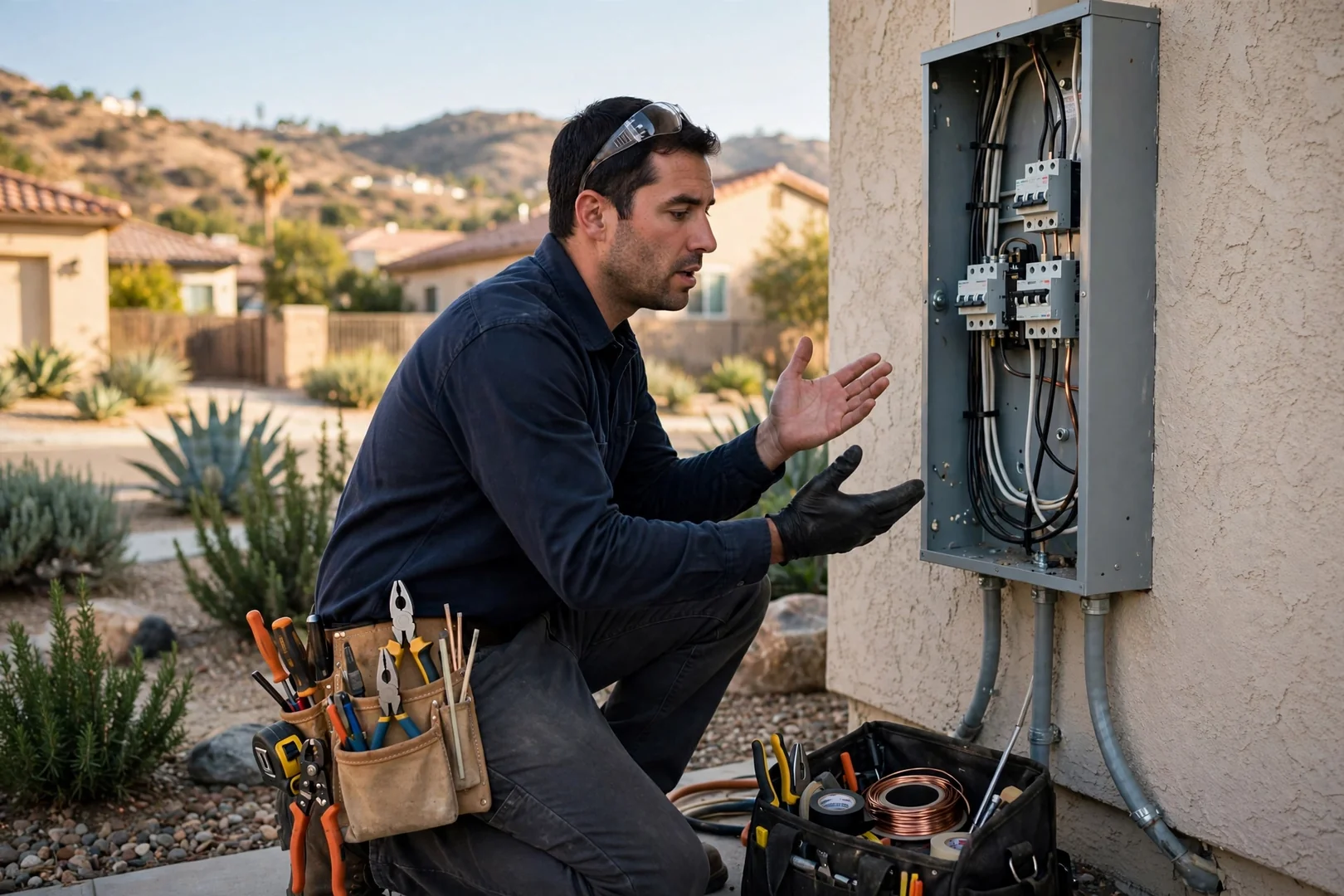 Electrician mounting a whole-home surge protective device inside a Corona load center
