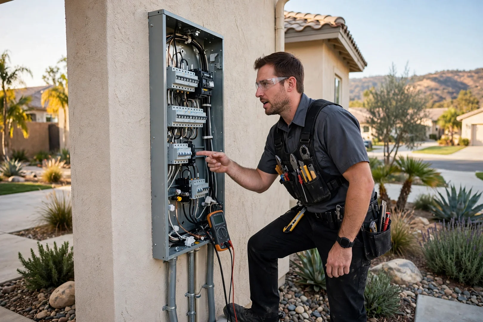 Electrician inspecting a residential service panel before surge protective device installation in Corona